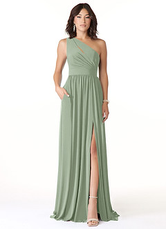 Azazie Jasna Bridesmaid Dresses Agave A-Line One Shoulder Luxe Knit Dress image1