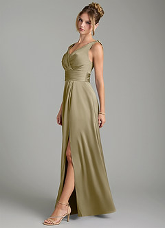 Azazie Karina Bridesmaid Dresses Moss Green A-Line Pleated Stretch Satin Dress image3