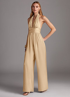Azazie Oli Bridesmaid Dresses Champagne Pleated Stretch Satin Jumpsuit image1