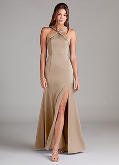 Azazie Rue Bridesmaid Dresses Taupe A-Line Pleated Stretch Satin Dress image3