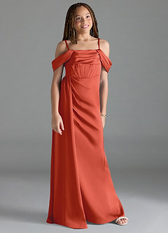 Azazie Amyra Junior Rust Sheath Off the Shoulder Stretch Satin Dress image3