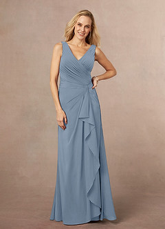Azazie Evy At-home Try On Dresses Dusty Blue A-Line Pleated Stretch Chiffon Dress image1