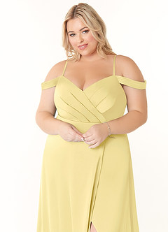 Azazie Ocean Bridesmaid Dresses Lemon Sorbet A-Line V-Neck Pleated Stretch Satin Dress image10