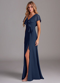 Azazie Lainey Robes de demoiselle d'honneur Robe Trapèze en Mousseline de soie avec poches Bleu Marine Foncé image4