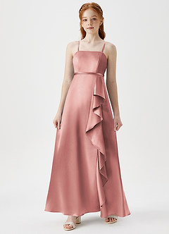 Azazie Kaylee Junior Dusty Rose A-Line with Belt Metallic Satin Dress image3