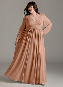 Azazie Norah Brautjungfernkleider A-Linie Lange Ärmel mit V-Ausschnitt Chiffon Kleid Champagner Rosa image8