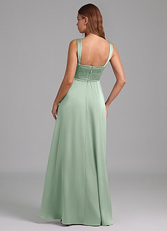 Azazie Rosaline Robes de demoiselle d'honneur Robe Trapèze en Satin extensible Fente Latérale Agave image2