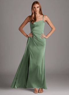Azazie Bona Final Sale Matcha A-Line V-Neck Pleated Stretch Satin Dress image1