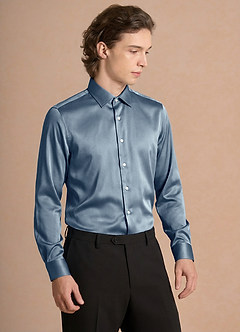 front Julian Dusty Blue Stretch Satin Dress Shirt