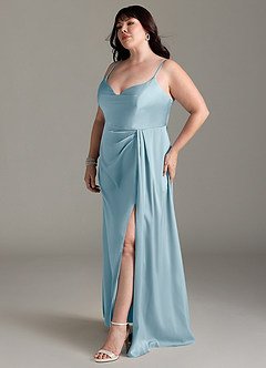 Azazie Brielle Bridesmaid Dresses Moody Blue A-Line Cowl Spaghetti Straps Stretch Satin Dress image10
