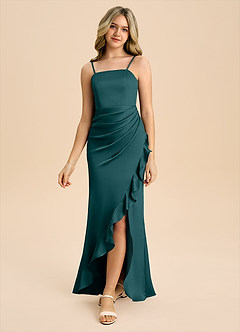 Azazie Buzzy Junior Pine Sheath Pleated Stretch Satin Dress image5