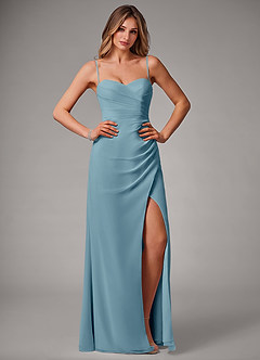 Azazie Haisley Bridesmaid Dresses Moody Blue Sheath Off the Shoulder Chiffon Convertible Dress image1