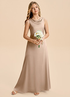 Azazie Kiki Junior Taupe A-Line Bow Stretch Satin Dress image3
