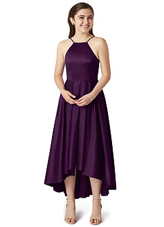 Azazie Jemima Junior Vestido de Uva de Satén Elástico de Corte en A con Con bolsillos image4