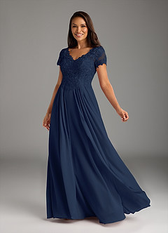 Azazie Dunja Mother of the Bride Dresses Dark Navy A-Line V-Neck Lace Chiffon Dress image7