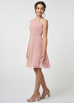 Azazie Ginny Junior Powder Pink A-Line Pleated Chiffon Dress image3