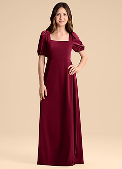 Azazie Briar Junior Burgundy A-Line Bow Stretch Satin Dress image3