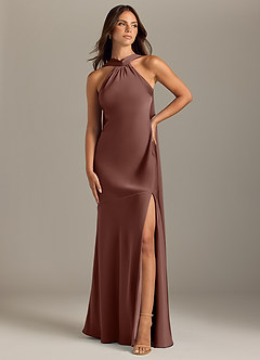 Azazie Kinsley Bridesmaid Dresses Espresso Mermaid Side Slit Stretch Satin Dress image1