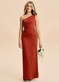 Azazie Akilah Junior Robe Fourreau en Satin extensible Plissée Rouille image1