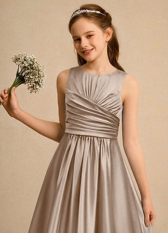 Azazie Ducky Girls Formal Flower Girl Dresses Taupe A-Line Pleated Stretch Satin Dress image6