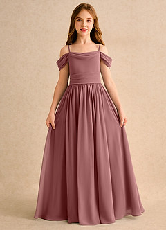 Azazie Shia Girls Formal vestidos de niña de las flores Vestido Rosa Del Desierto de Gasa de Corte en A con Hombros descubiertos image5