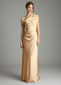 Azazie Emerson Bridesmaid Dresses Champagne Mermaid Off the Shoulder Stretch Satin Dress image3