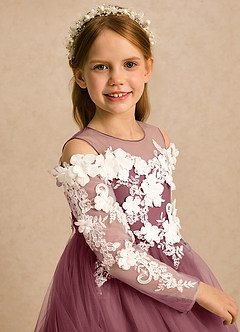 Azazie Lilah Robe Demoiselle D'honneur Fillette Robe Trapèze en Tulle Dentelle Rose Du Désert image6