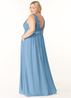 Azazie Elly Abiti da Damigella Abito A-Line in Chiffon Scollo a barchetta in pizzo Blu Acciaio image10