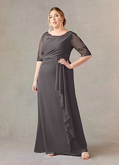Azazie Dionysus Mother of the Bride Dresses Steel Grey A-Line Boatneck Lace Chiffon Dress image6