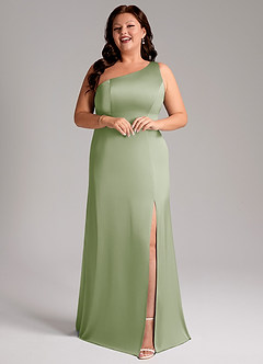 Azazie Phaedra Bridesmaid Dresses Dusty Sage A-Line One Shoulder Stretch Satin Dress image13