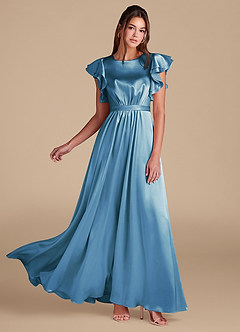 Azazie Daphne Modest Bridesmaid Dresses A-Line Ruched Metallic Satin Floor-Length Dress image1
