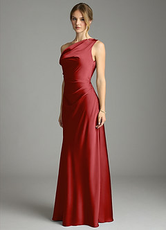 Azazie Emerson Bridesmaid Dresses Pomegranate Mermaid Off the Shoulder Stretch Satin Dress image2