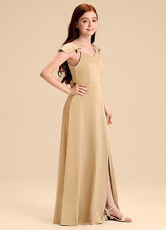 Azazie Everett Junior Vestido de Oro de Satén Elástico de Corte en A con Lazo image3