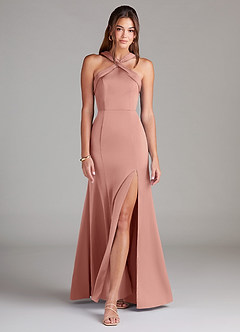 Azazie Rue Bridesmaid Dresses Rosette A-Line Pleated Stretch Satin Dress image3