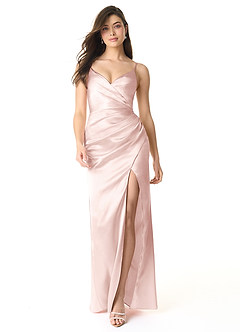 Azazie Sukia Bridesmaid Dresses Blushing Pink Mermaid Pleated Metallic Satin Dress image1