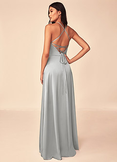 Azazie Mei Brudtärnklänningar Klänning av A-Line i Stretch Satin V-ringning Silver image2