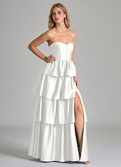 Azazie Faye Bridesmaid Dresses White A-Line Ruched Stretch Satin Dress image1