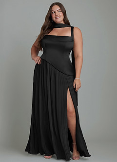 Azazie Stephanie Vestidos de madrinha de casamento Vestido Preto de Cetim elástico de Linha A com Plissado image15