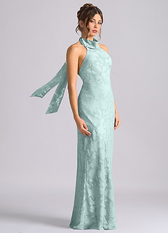 Azazie Velli Vestidos de damas de honor Vestido de Neblina de Devorado Floral de Corte Sirena con Cuello Alto image4