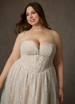 Azazie Lorena Wedding Dresses Diamond White Champagne A-Line Strapless Lace Dress image13