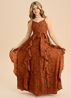 Azazie Peyton Junior Robe Trapèze en Blumen-Burnout Plissée Orange Brûlée image3