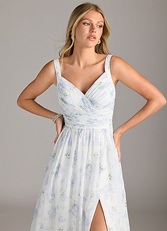 Azazie Chanel Bridesmaid Dresses Blue Vintage Floral A-Line Pleated Chiffon Dress image5