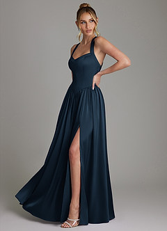 Azazie Francis Vestidos de damas de honor Vestido Azul Marino Oscuro de Satén Elástico de Línea A con Corsé image5