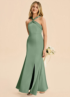 Azazie Rue Junior Robe Sirène en Satin extensible Plissé Matcha image3
