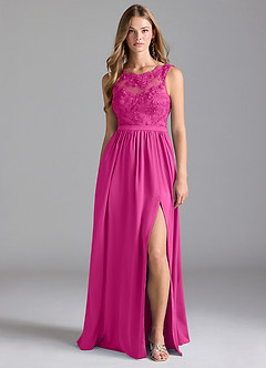 Azazie Elly Bridesmaid Dresses Fuchsia A-Line Lace Stretch Satin Dress image5