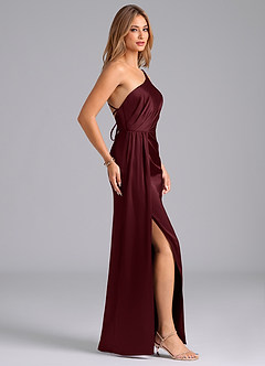 Azazie Naria Bridesmaid Dresses Cabernet Sheath One Shoulder Stretch Satin Dress image4