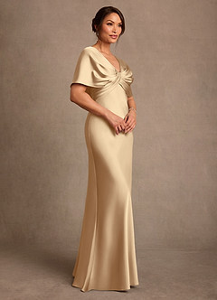 Azazie Dosia Mother of the Bride Dresses Champagne Sheath Pleated Stretch Satin Dress image2
