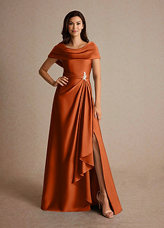 Azazie Branford Vestidos para mãe da noiva Vestido Laranja Queimada de Cetim elástico de Linha A com Plissado image5