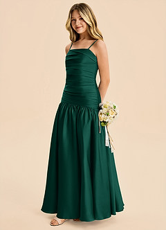 Azazie Romi Junior Emerald A-Line Pleated Stretch Satin Dress image3