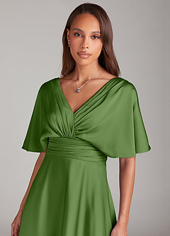 Azazie Pamela Robes de demoiselle d'honneur Robe Trapèze en Satin extensible Plissée Basilic image5